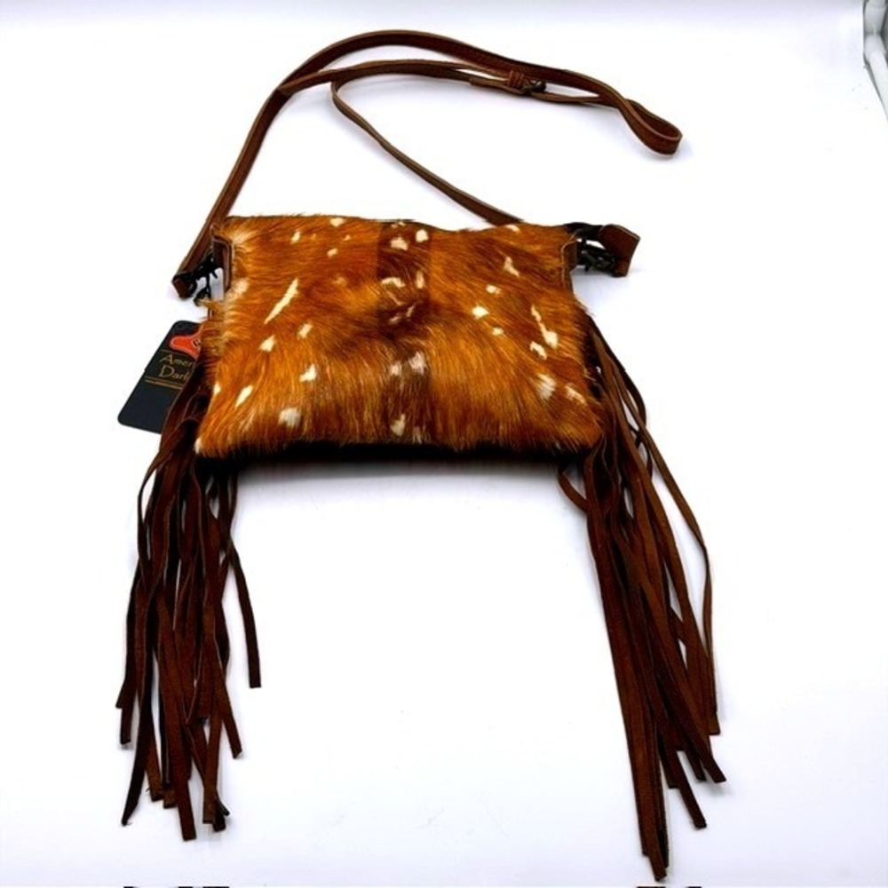 American Darling Axis Deer Hair on Hide Leather Fringe Crossbody Bag Brown